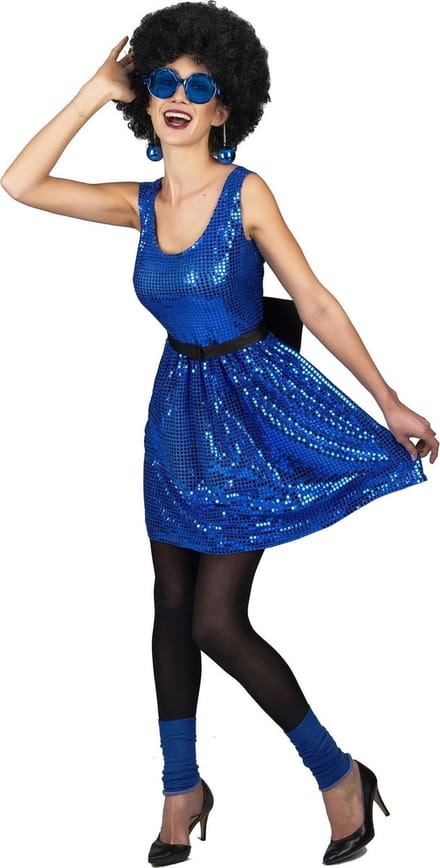 Vegaoo - Blauw glitter disco kostuum met strik voor vrouwen