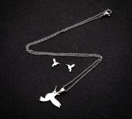 RVS ketting + oorbellen kolibrie stainless steel