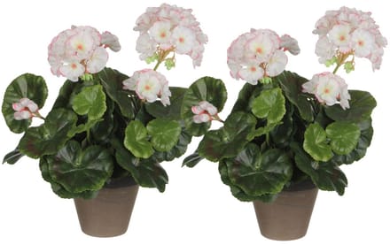 Mica Decorations Kunstplant - 2x - geranium - wit/roze - in pot - 34 cm - nepplanten - kunstbloemen