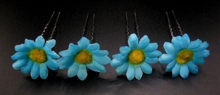 Haarpinnen bloem blauw-geel set van 4 stuks.