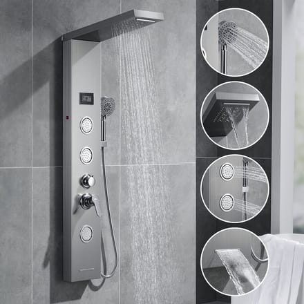 Auralum max Douchepaneel met Mengkraan - Regendouche - Douchekolom - LED RVS met Massage Jets - 5 standen Spa Jets - LCD display - 3 functies handdouche - Douche Combinatie Set