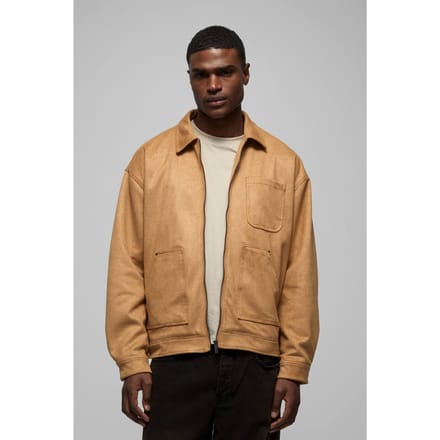 Oversized Croc Faux Suede Collared Carpenter Worker Jacket | Tan | Size Medium