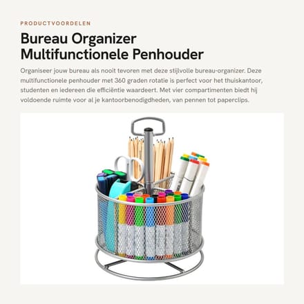 Dailygoods- Bureau Organizer 360° Roterend - Penhouder - 4 Compartimenten - Bureaublad Organizer - Thuiskantoor Caddy - Stevig Metaal