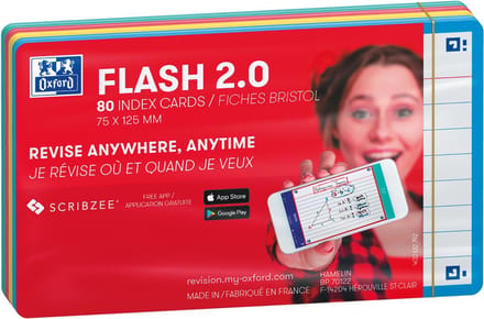 Oxford Flash 2.0 flashcard starterkit, gelijnd, A7, assorti, pak van 80 vel 20 stuks