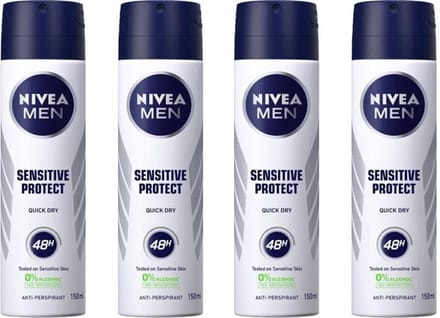 NIVEA MEN Sensitive Protect Deodorant Spray  0% Alcohol - Voordeelverpakking 4 x 150 ml