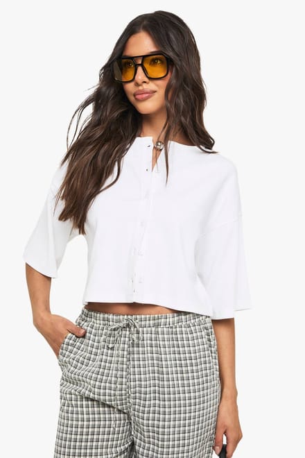 boohoo Dames Rib-button door nonchalante 3/4-mouw top | Wit | Maat: 38