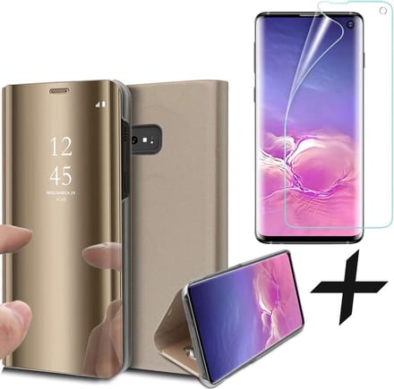 Hoesje geschikt voor Samsung Galaxy S10e - Screen Protector GlassGuard - Book Case Spiegel Goud & Screenprotector