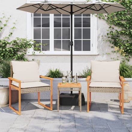 vidaXL - 3-delige - Bistroset - en - kussens - poly - rattan - en - hout - gemengd - beige