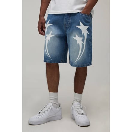Relaxed Star Contrast Stitch Denim Shorts | Mid Blue | Size 48
