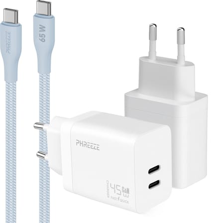 Phreeze usb C snellader 45w met usb C naar usb C kabel blauw 1m - Dubbele usb C oplader - Fast charger