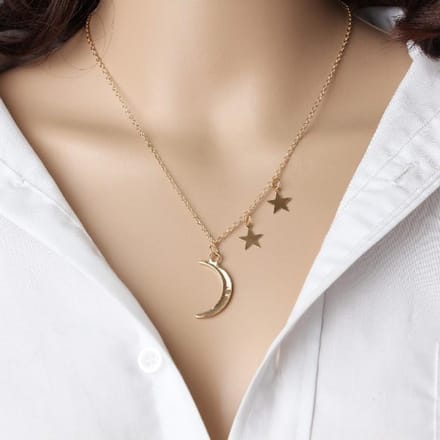 Mode, Romantisch Koppel, Metalen Maan, Ster Combinatie Sleutelbeenketting Korte Ketting beige