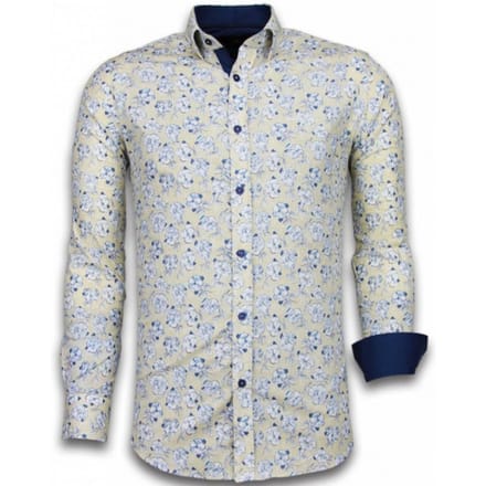Italiaanse Overhemden - Slim Fit Overhemd - Blouse Drawn Flower Pattern - Beige