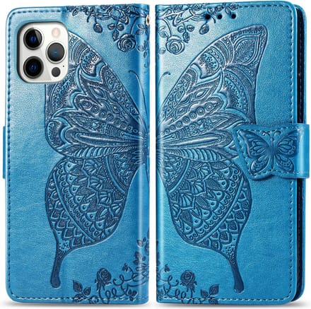 Bookcase geschikt voor Apple iPhone 12 / 12 Pro - Blauw - Vlinder - Portemonnee Hoesje