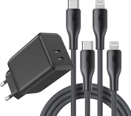 Dual 45w Snellader - 3 Meter - Oplader geschikt voor iPhone / iPad / Apple Lightning - Usb C adapter - Usb C oplader 2 poorten