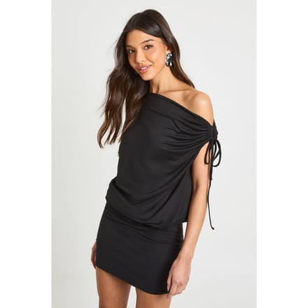boohoo Dames Soft Touch Draperende Schouder Mini Jurk | Zwart | Maat: 36