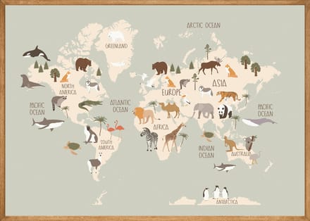 Wereldkaart Dieren Poster - 30x40 cm