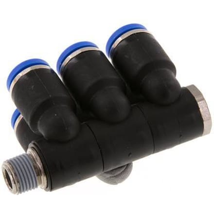 8mm x R1/8'' 6-way Manifold Messing/PA 66 Insteekfitting Buitendraad Draaibaar NBR