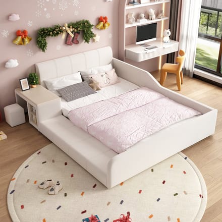 MODFU Kinderbed 140x200 cm – Met Bureau, Kruk & Opbergplank – Gestoffeerd Fluweel – Wit – Compleet Speel- en Werkbed