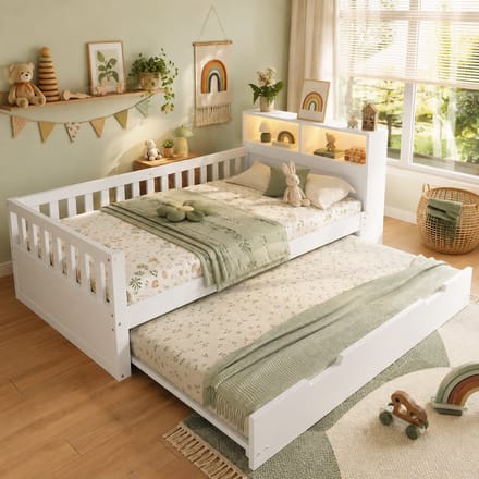 Eenpersoonsbed 90x200 cm - Houten bed - Multifunctioneel bed - Met led-lichtstrip en stopcontact - Met uitschuifbaar bedframe - Wit