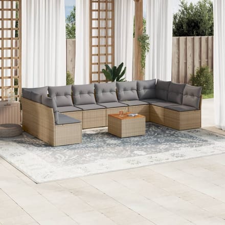 vidaXL - 11-delige - Tuinset - met - kussens - poly - rattan - beige