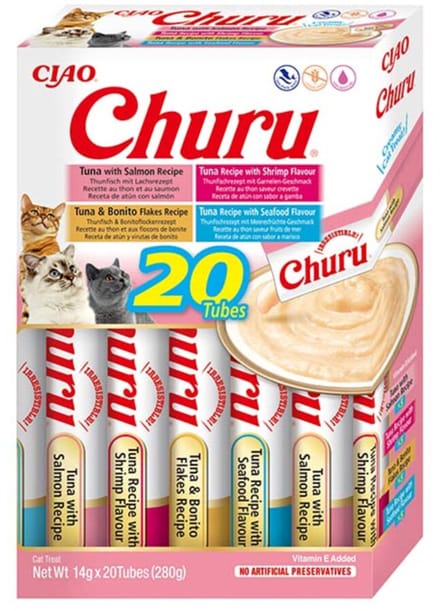 INABA Cat Snacks: Inaba Churu Tube Verpakking Tonijn Zeevruchten Smakelijke Likkers voor Katten - Multipack 20 stuks