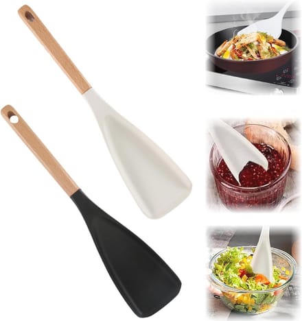 Multifunctionele Kookspatels - Hittebestendig Siliconen Spatel met Houten Handvat - Set van 2 (Wit en Zwart)