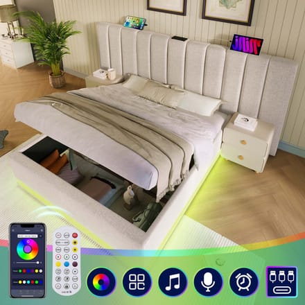 Tweepersoonsbed - 160x200 cm - App Control LED - USB-C en Opbergruimte - Linnen - Beige
