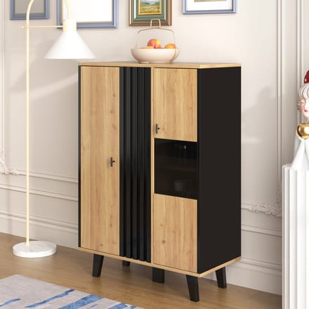 Sideboard - 80x120x40 cm - zwart/houtlook - LED-verlichting & glas - 3 verstelbare planken per deur