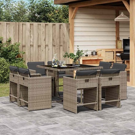 vidaXL - 9-delige - Tuinset - met - kussens - poly - rattan - grijs