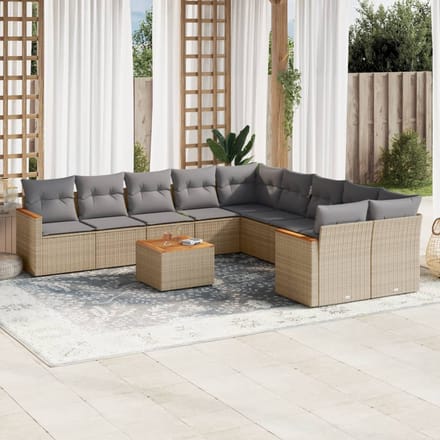 vidaXL - 11-delige - Loungeset - met - kussens - poly - rattan - gemengd - beige