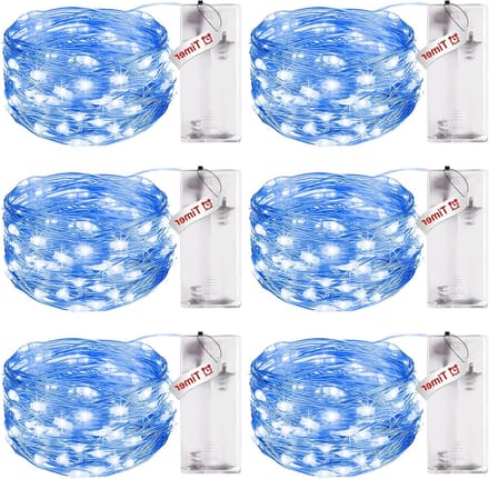 Accu Aangedreven Sfeerverlichting met Timer - 3 m, 30 LED's, Waterdicht, Koper Draad, Ideaal voor Feesten, Kerst en Bruiloften, Blauw, Set van 6