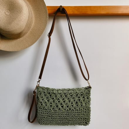 Handgemaakte Stro Geweven Holle Bloem Handige Messenger Tas groen