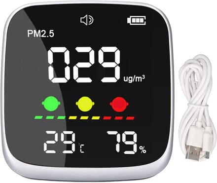 PM2.5 luchtkwaliteitsmeter, Draagbare luchtkwaliteitstester met thermometer en hygrometer, Voor thuis, kantoor en reizen