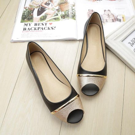 Mode Dames Flats Peep Toe Flats Comfortabele PU Leer Roze Goud Witte Schoenen Vrouw 36 zwart