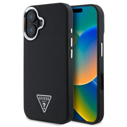 Guess – Backcover – iPhone 16 – Magsafe - grained PU triangle - Zwart