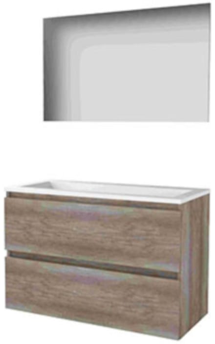 Basic-Line Basic 46 Badkamermeubelset - 100 x 46 cm - Greeploos - 2 Lades - Acryl Wastafel - Zonder Kraangat - Spiegel - Scotch Oak