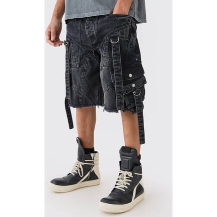 Oversized Strap And Buckle Detail Denim Jorts | Washed Black | Size 48