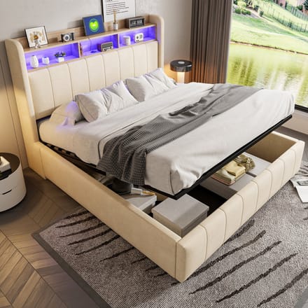 MODFU Ledikant 160x200 cm – beige linnen – met kleurwisselende LED, USB/Type-C en opbergruimte