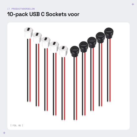 Dailygoods - 10-pack USB C Sockets voor Solderen, 2 Draad, 150 mm, Zwart/Wit