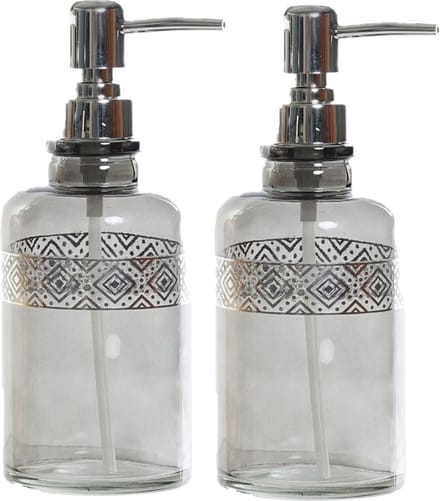 Items Zeeppompje/zeepdispenser - 2x - grijs - transparant - glas - 400 ml - navulbaar - keuken/badkamer