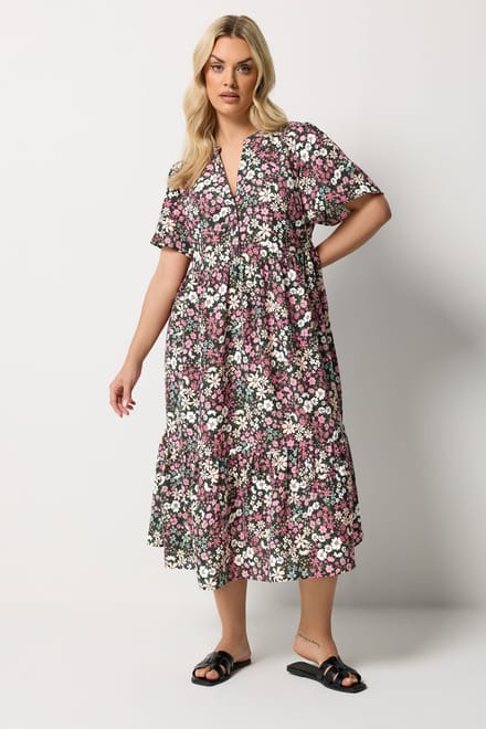 Yours Zwarte Jurk Met Bloemenprint En Plooien Size 48