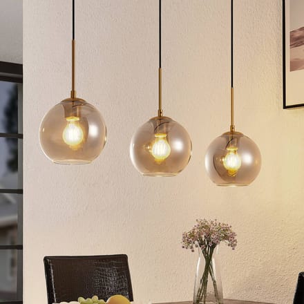 Lindby - hanglamp - 3lichts - Staal, glas - H: 18 cm - E27 - rookgrijs, messing, zwart