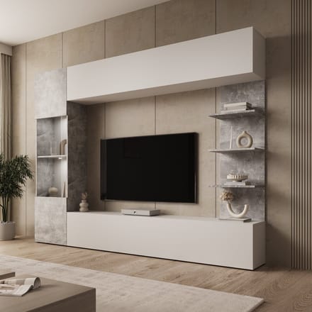 Meubella - Lomezzo - Wandmeubel - Wit/Betonlook - 250x30x187 cm