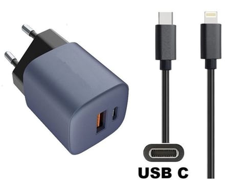 OneOne 33W snellader met 2 poorten + 1,0m sterke USB C naar Lightning kabel. GAN lader. PD PPS oplader adapter past op Apple iPhone 11 Pro, iPhone 11 Pro Max, iPhone 12, iPhone 12 Mini, iPhone 12 Pro, iPhone 12 Pro Max, iPhone 13