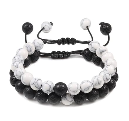 Vriendschapsarmbanden Set van 2 – Lavasteen en Howliet – Verstelbare Koppelarmbanden Zwart/Wit – 17-21 cm - EmmyRovi
