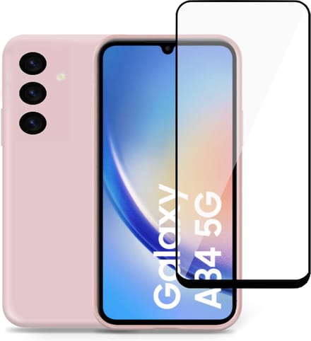 Hoesje geschikt voor Samsung A34 + Screenprotector – Full Screen Tempered Glass - Liquid Back Case Cover Rose