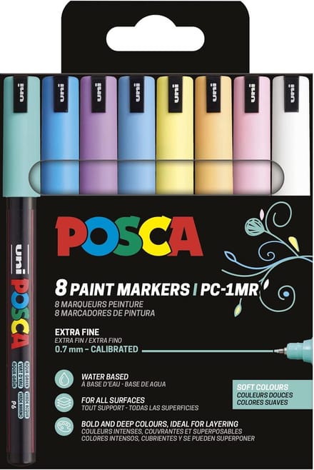 Uni POSCA paintmarker PC-1MR | 0,7 mm | etui van 8 stuks in geassorteerde zachte kleuren