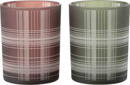 J-Line windlicht Geruit - glas - bruin/groen - medium - 2 stuks