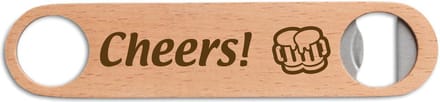 Gegraveerde bieropener/flesopener met de tekst Cheers