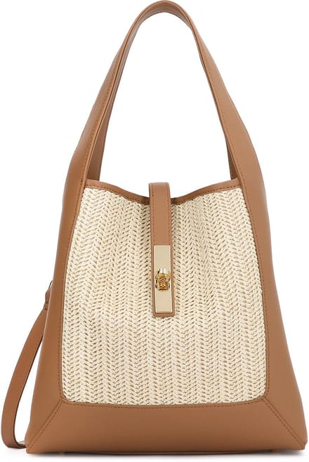 Handbag made of leather and raffia